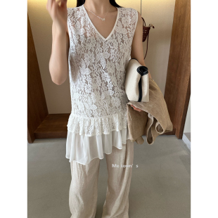 韩系穿搭神器蕾丝拼接下摆背心打底衫 sisters S6731