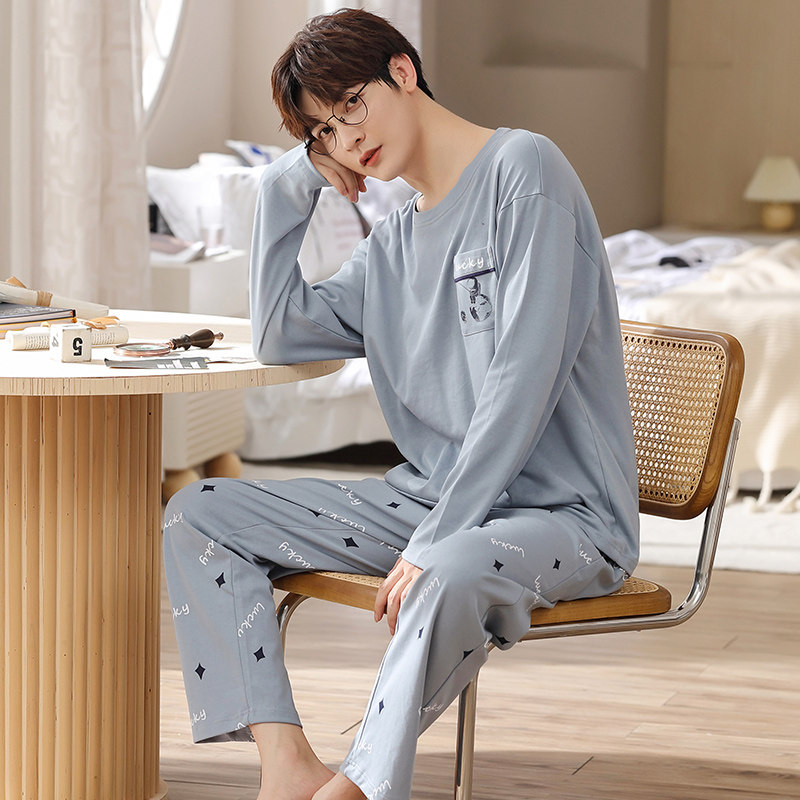 남성 잠옷 봄 가을 겨울 순면 긴팔 대형 학생 청소년 얇은 여름 홈웨어 세트