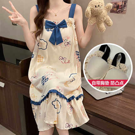 吊带睡裙夏季女款2025新带胸垫可爱性感夏天短袖纯棉大码薄款睡衣