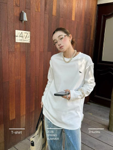 T恤上衣3122 精致小马刺绣休闲宽松白色长袖 卓娃2026春夏新款 韩版