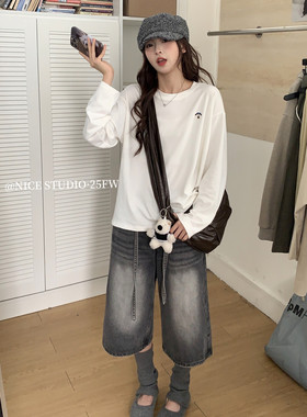 奶思家2025秋冬新款加厚磨毛刺绣小狗长袖T恤女宽松休闲内搭08587