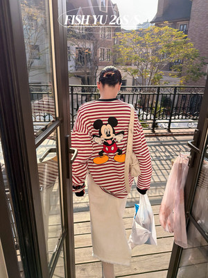 FISH YU春装新款韩版卡通米奇印花细条纹宽松休闲长袖T恤女626017