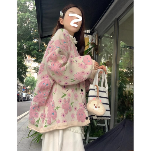 大码女装花朵减龄针织开衫
