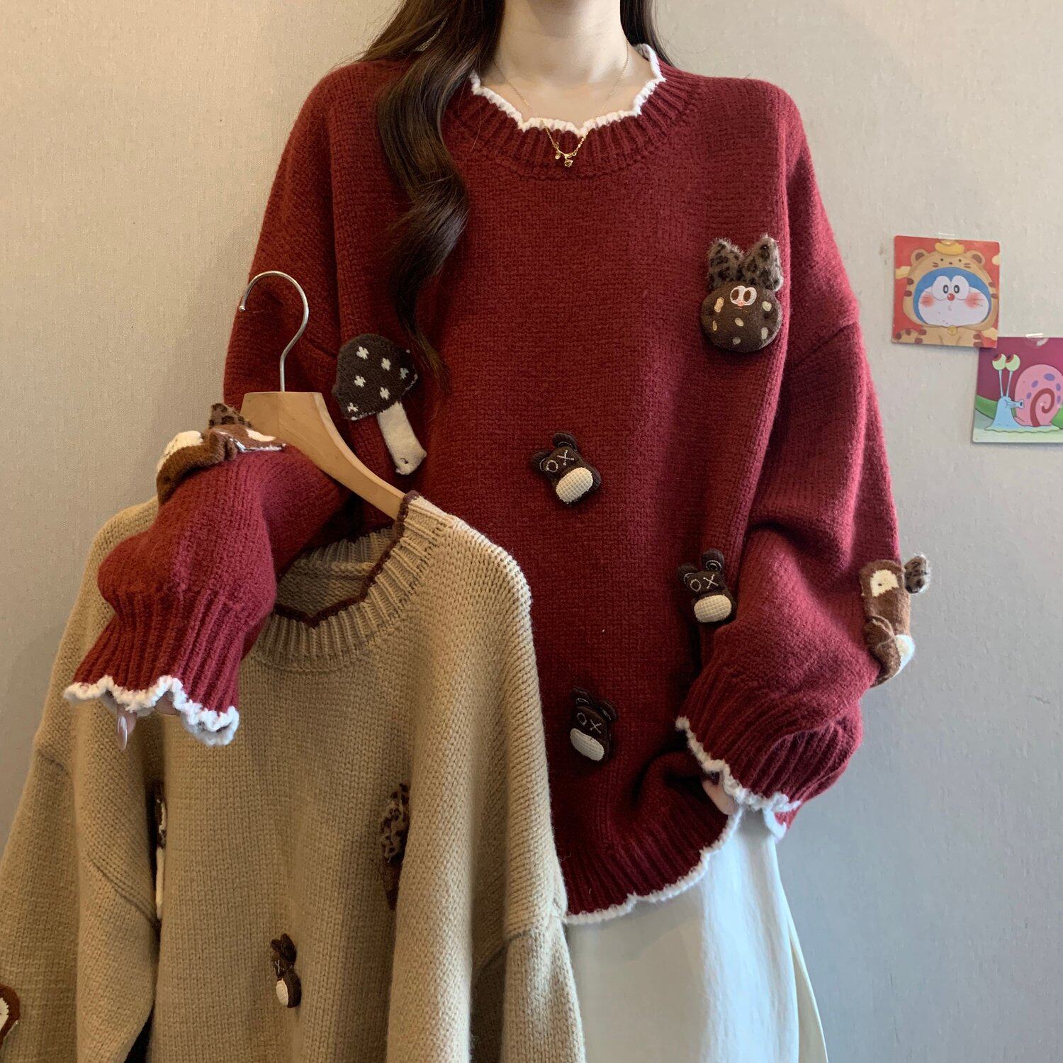 秋冬新款宽松设计贴布娃娃针织衫大码女装微胖慵懒复古时尚毛衣潮,女装/女士精品,毛针织衫,淘宝优惠券,粉丝福利购,淘宝优惠卷