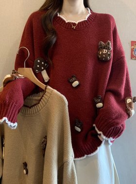 秋冬新款宽松设计贴布娃娃针织衫大码女装微胖慵懒复古时尚毛衣潮