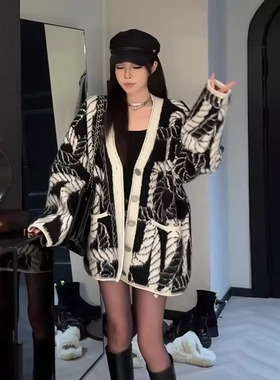 扎染毛衣开衫外套大码女装微胖加厚复古慵懒宽松气质高级针织上衣