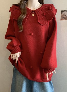 红色娃娃领毛衣新款大码女装微胖mm宽松显瘦慵懒针织减龄可爱上衣