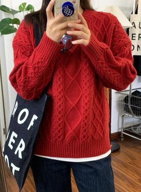 新年红色毛衣女秋冬宽松复古麻花圆领纯色套头时尚百搭针织打底衫