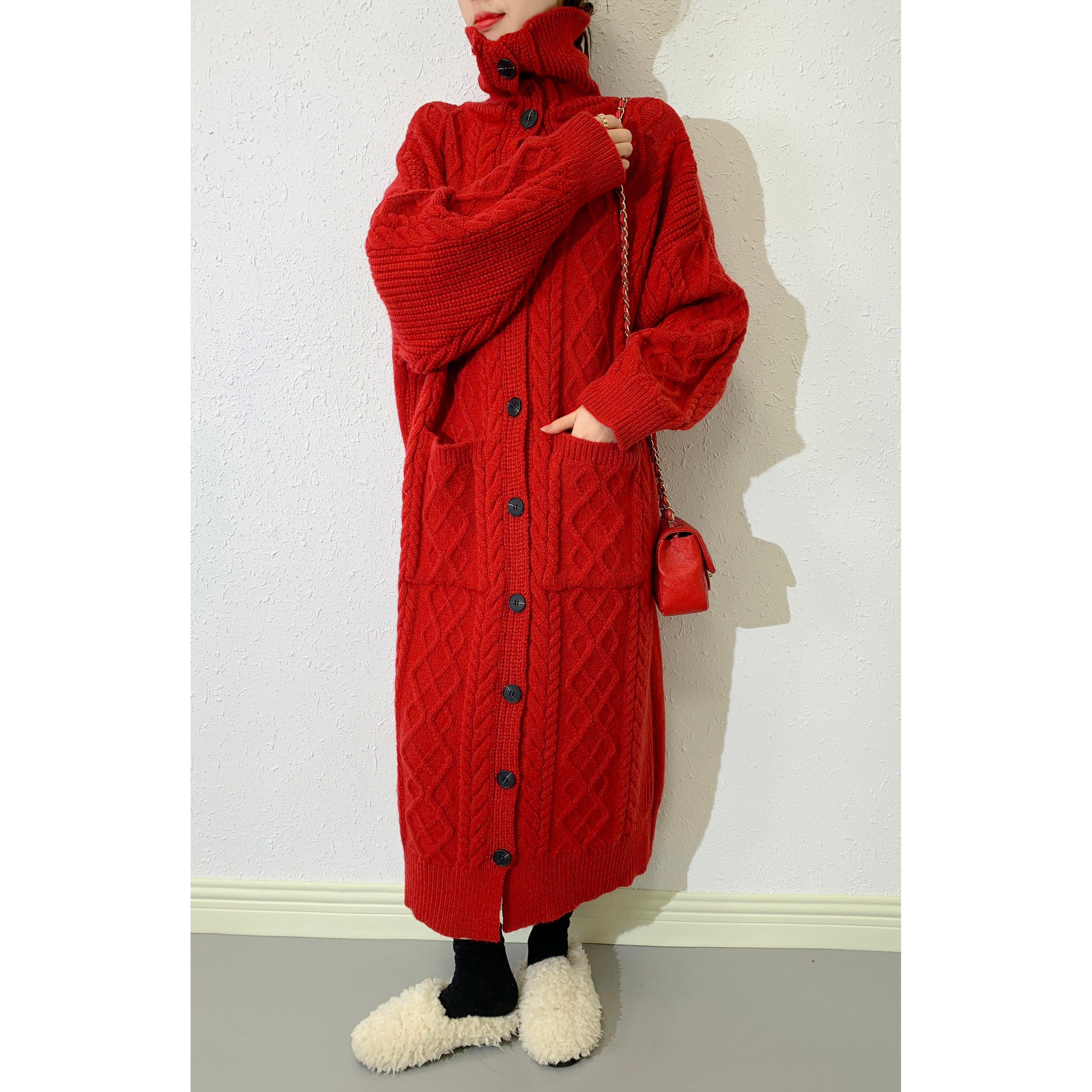 红色高领毛衣外套女秋冬加厚宽松慵懒风新年长款过膝针织开衫大衣,女装/女士精品,毛针织衫,淘宝优惠券,粉丝福利购,淘宝优惠卷