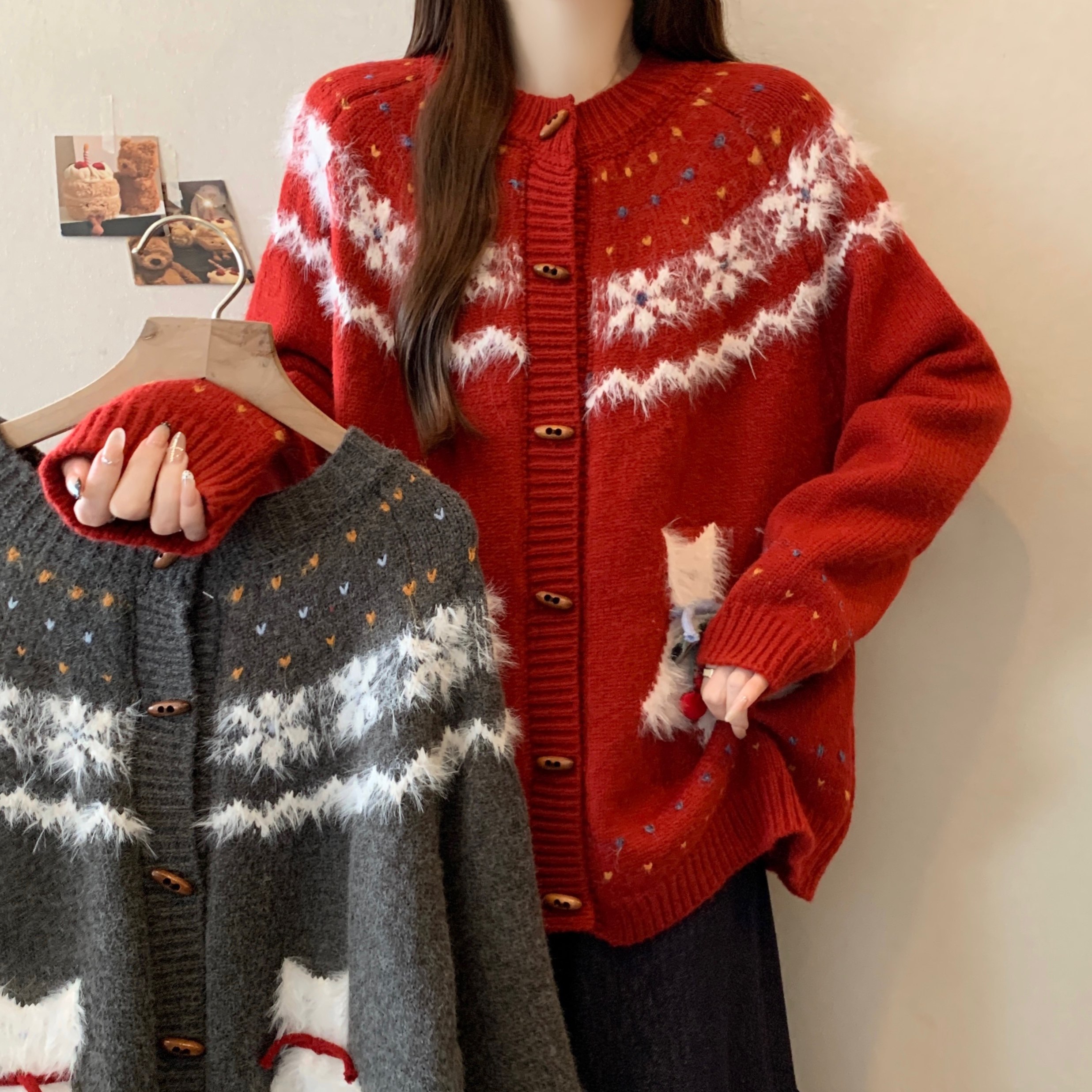 费尔岛毛衣外套宽松大码针织开衫