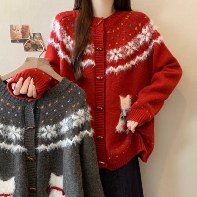 费尔岛毛衣外套宽松大码针织开衫