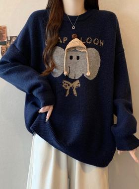 藏蓝色卡通针织打底衫新款大码女装微胖mm宽松慵懒风韩系减龄毛衣