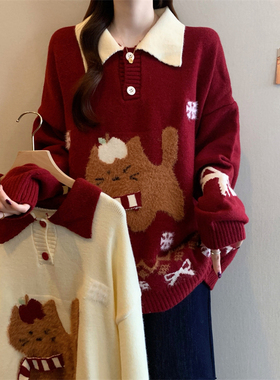 红色卡通提花毛衣女秋冬大码女装微胖mm宽松慵懒风减龄针织衫上衣