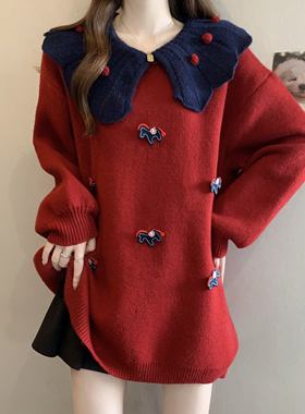 红色毛衣大码女装微胖mm宽松显瘦慵懒针织衫减龄可爱学院上衣新款