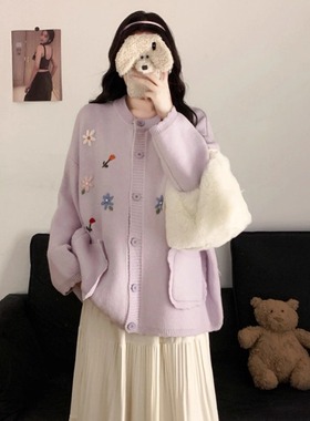 红色花朵刺绣毛衣外套女2025秋冬新款大码女装微胖mm慵懒针织开衫