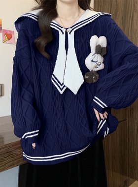 海军领学院风红色毛衣女秋冬外套大码胖mm甜美减龄外穿针织衫上衣