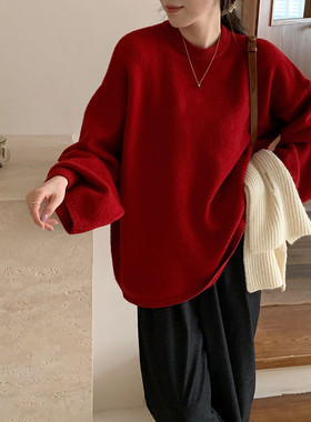 红色毛衣套头大码女装微胖mm针织打底衫宽松慵懒显瘦百搭气质上衣