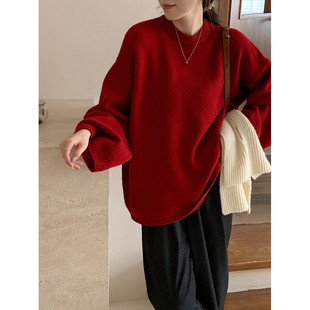 宽松慵懒显瘦百搭气质上衣 微胖mm针织打底衫 红色毛衣套头大码 女装