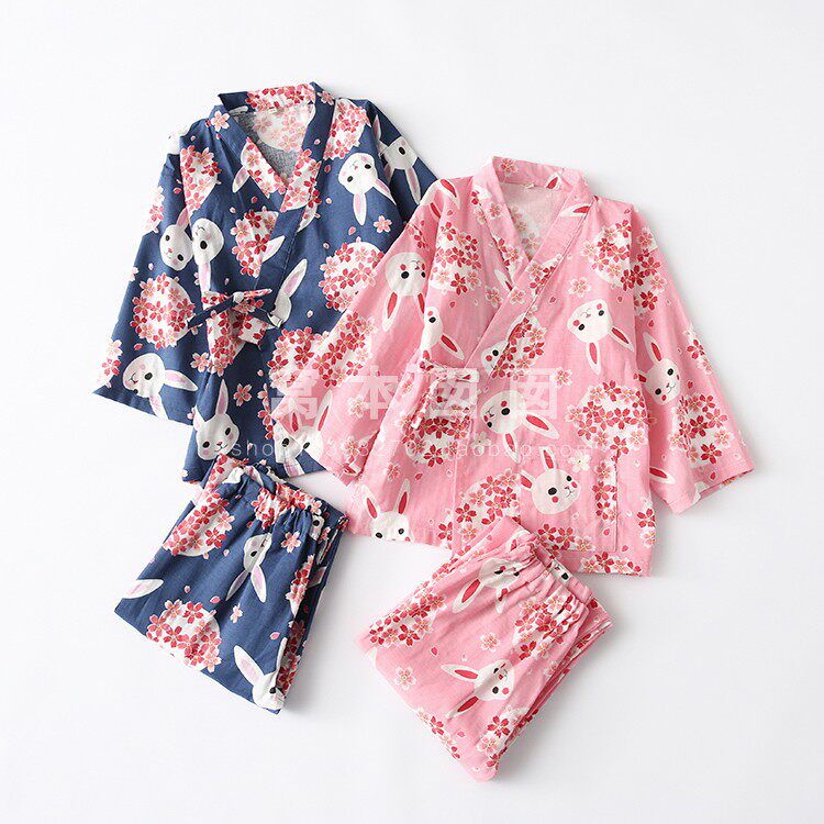 [纯棉双层纱布春夏季女童汉服儿童和服汗蒸服亲子系带长袖睡衣