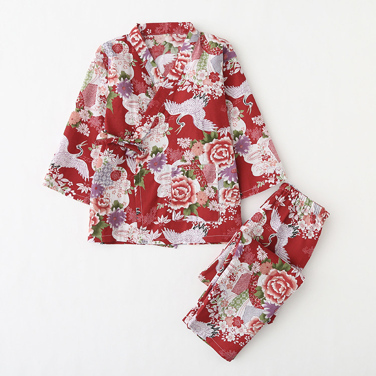 春秋纯棉纱布儿童长袖睡衣套装亲子日式家居服和服温泉汗蒸服仙鹤