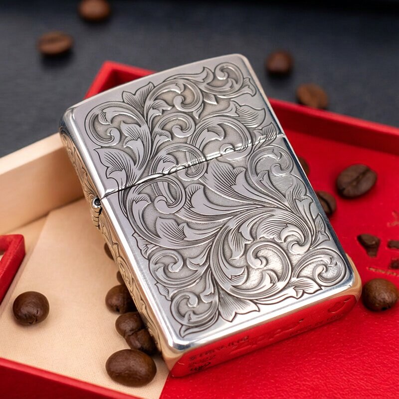 Zippo打火机纯银五面富贵唐草花