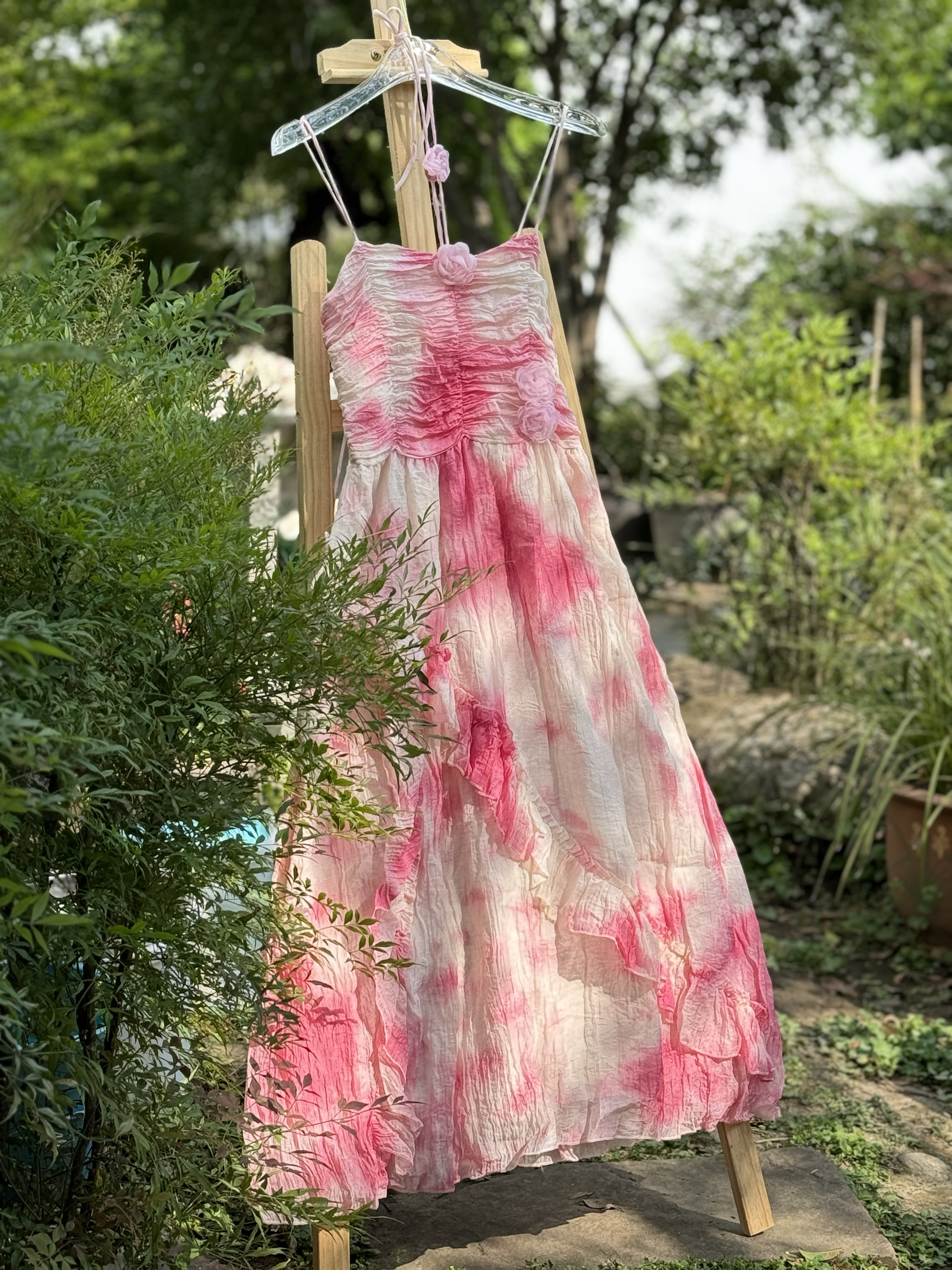 文艺复古草木植物板蓝根扎染蓝染针织棉吊带连衣裙高腰减龄女裙