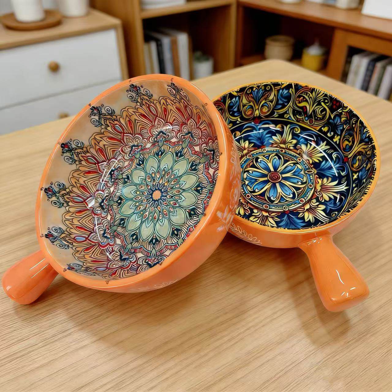 波西米亚2026新款手柄碗釉下彩雕花浮雕餐具面碗沙拉碗家用陶瓷碗,餐饮具,泡面碗,淘宝优惠券,粉丝福利购,淘宝优惠卷