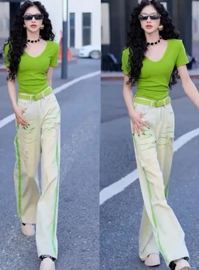 夏季气质高腰短款T恤显瘦时尚蓝色拼接绿色涂鸦破洞直筒女牛仔裤