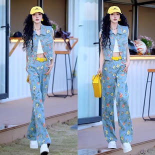 女港风POLO领无袖 绰乐2025夏季 休闲减龄碎花牛仔套装 时尚 马甲 新款