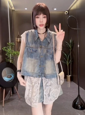 蕾丝拼牛仔马甲套装女