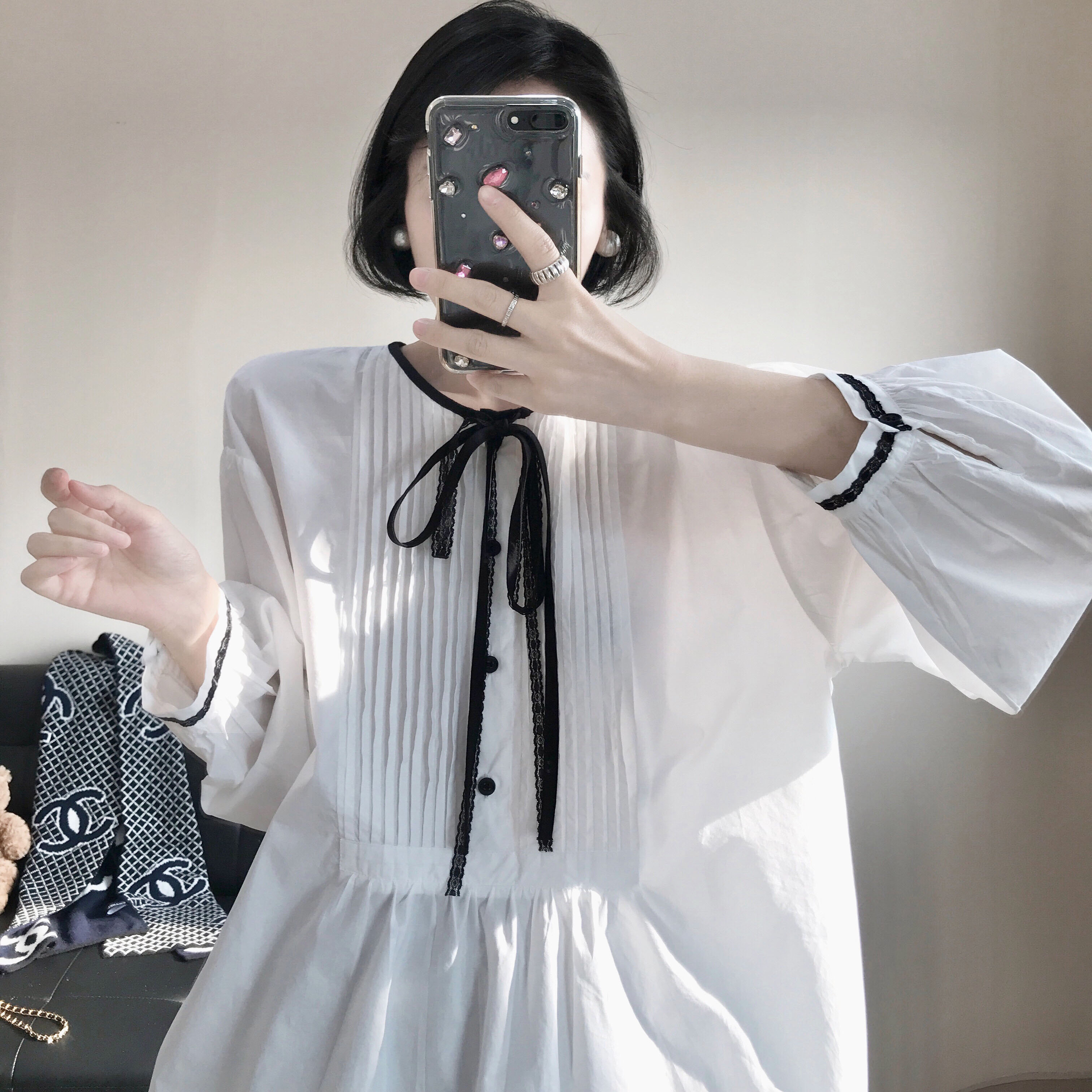 【大萌家】Didier Ludot巴黎古董店  蕾丝系带撞色风情打揽衬衫女