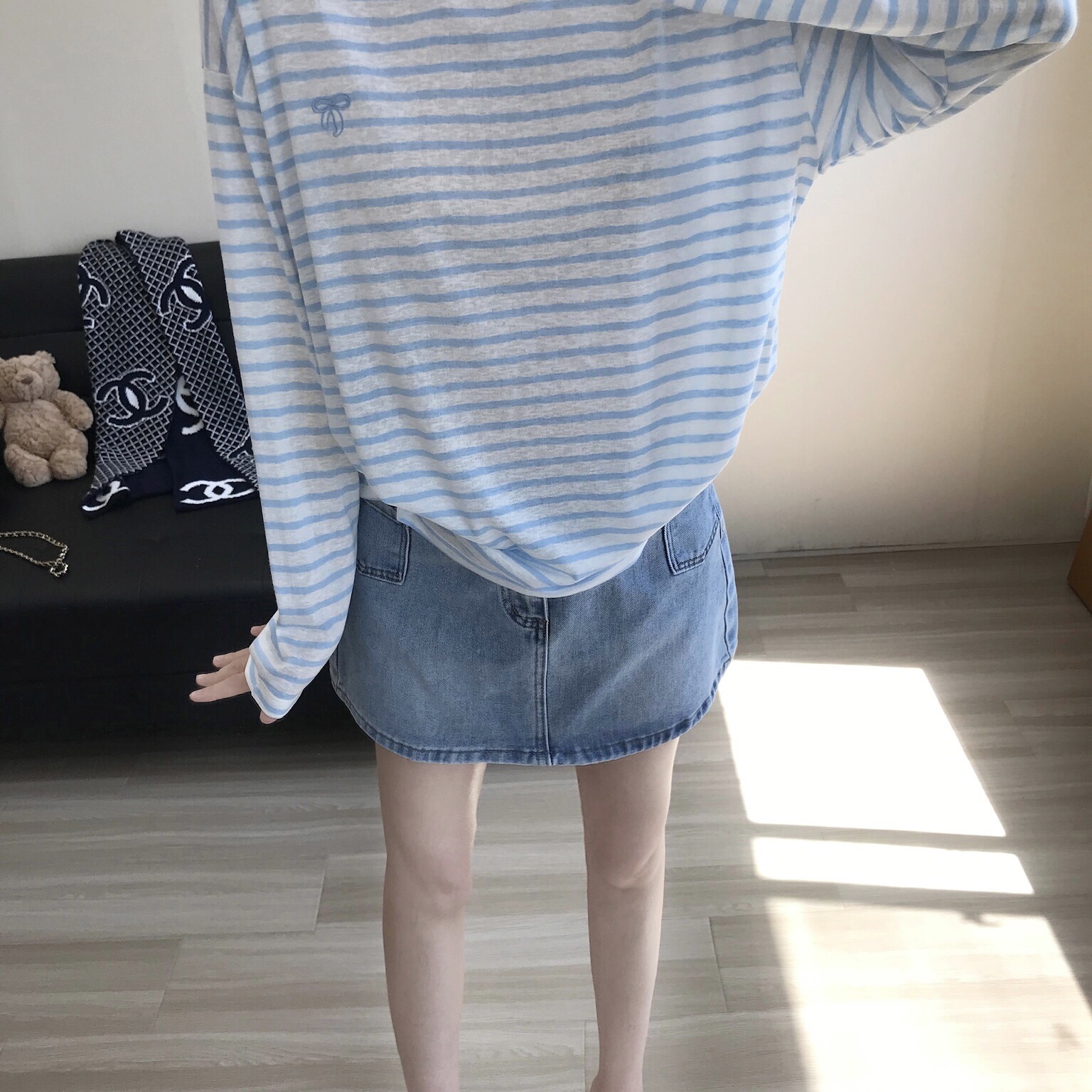 【大萌家】Gelato爱与冰激凌~  甜美蝴蝶结刺绣条纹防晒宽松T恤女