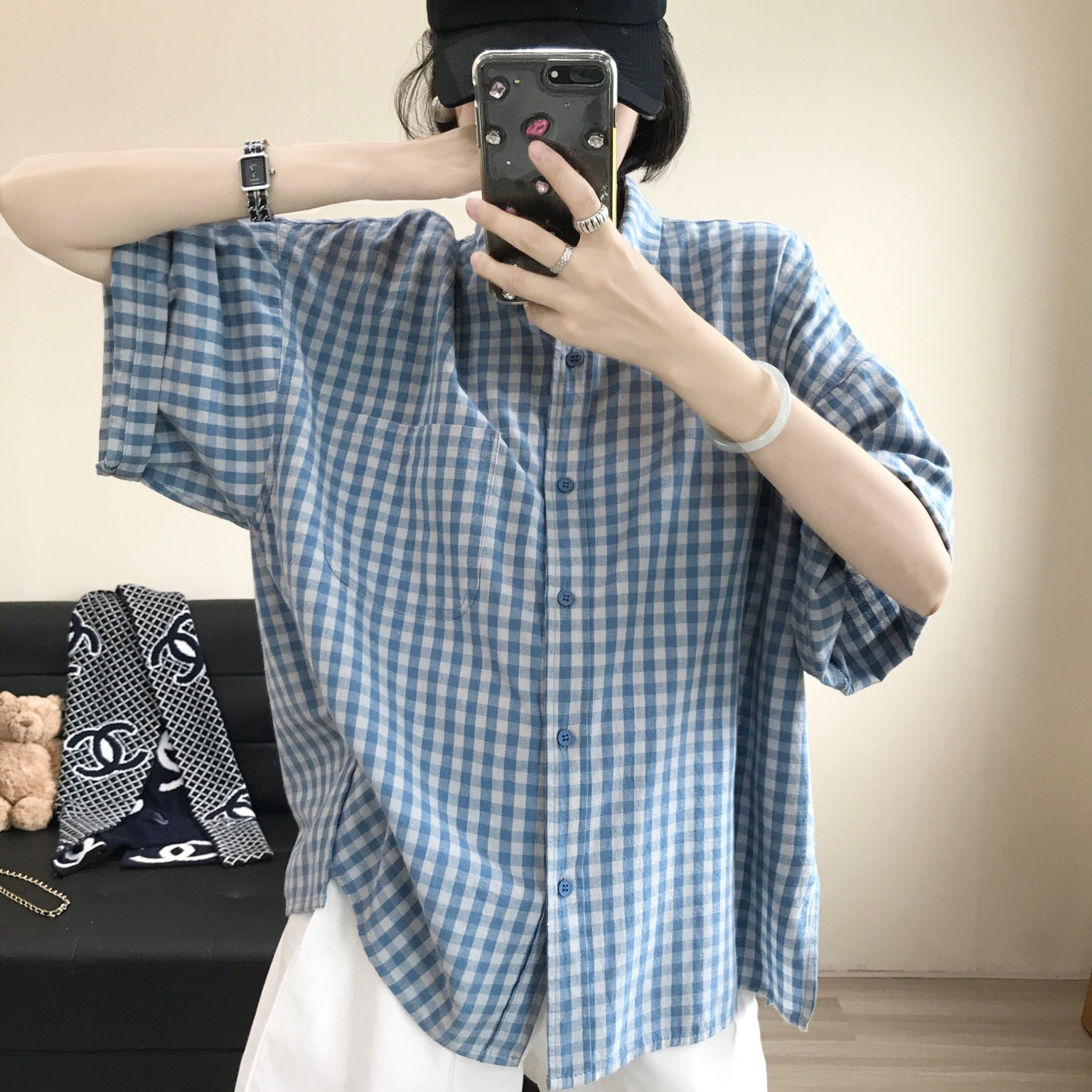 【大萌家】如果你也爱蓝色 请买这件~  治愈系清新格纹翻领衬衫女