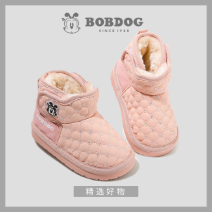 巴布豆婴童雪地靴男女款小童中帮学步鞋加绒二棉鞋宝宝皮面低帮靴
