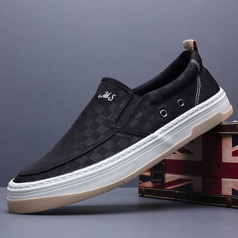 正品爆款夏季透气薄款布鞋男鞋潮流百搭青年一脚蹬格子厚底休闲鞋