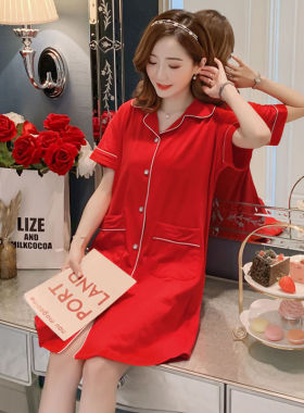 睡裙女士夏季纯棉短袖睡衣本命年红色薄款学生春秋胖mm大码家居服