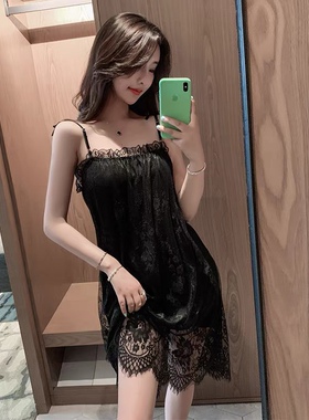 吊带睡裙女夏季睡衣冰丝绸性感黑色网纱大码蕾丝低胸裙子春家居服