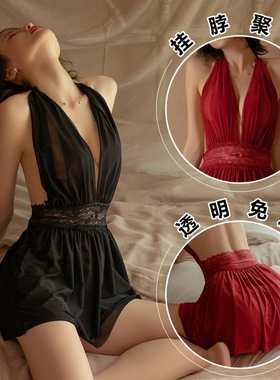 宫廷古风睡衣女情内衣网纱加大码挂脖漏背迷人两件套睡裙