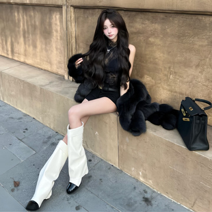 法式小香风圆头拼色骑士靴百搭粗跟高筒靴真皮不过膝长靴女裤管靴