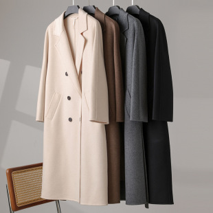 100%纯山羊绒双面大衣中长款女双排扣宽松羊绒大衣女系带毛呢外套