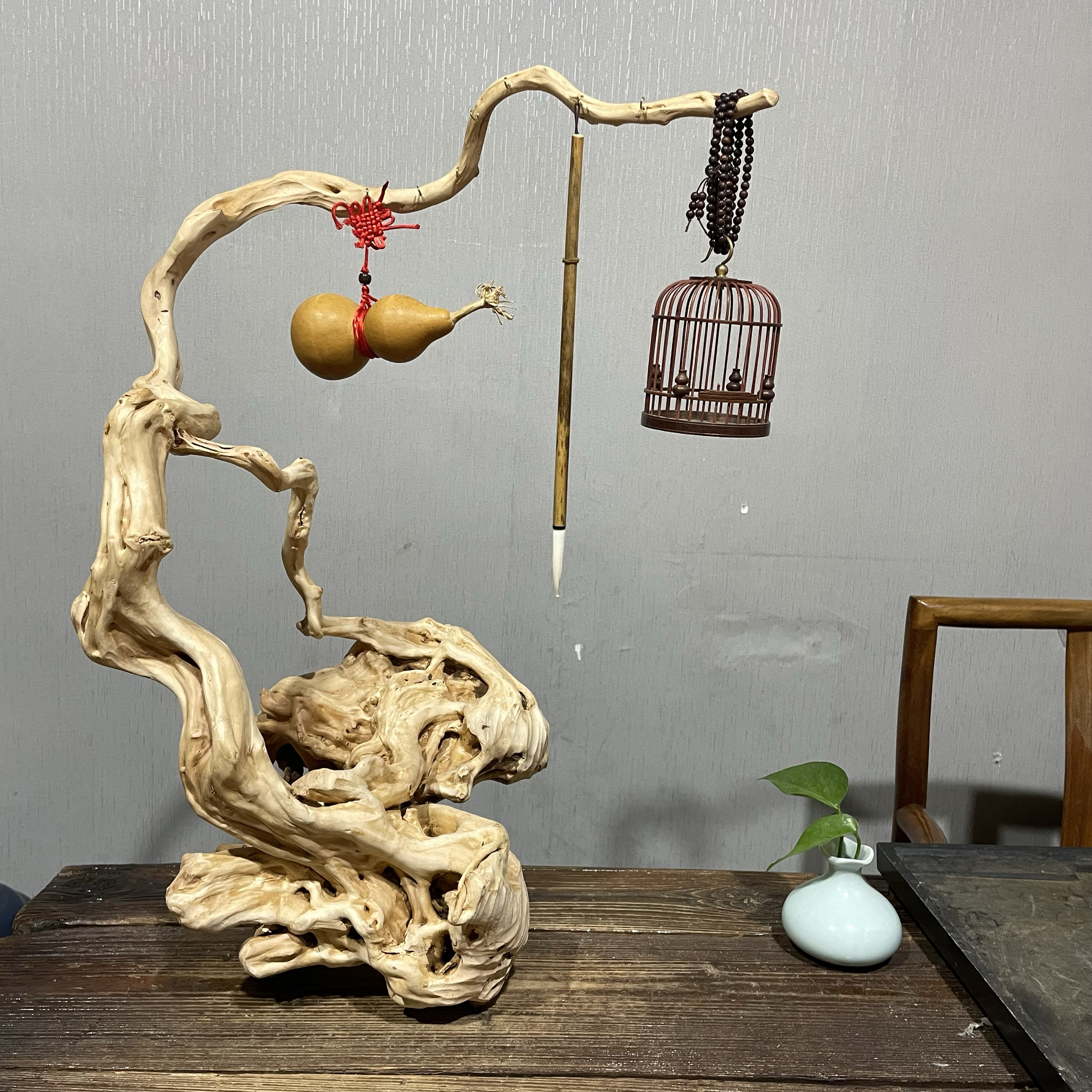 风化枯木摆件杜鹃根艺崖柏树根雕蝈蝈笼鸟笼挂架客厅玄关装饰品