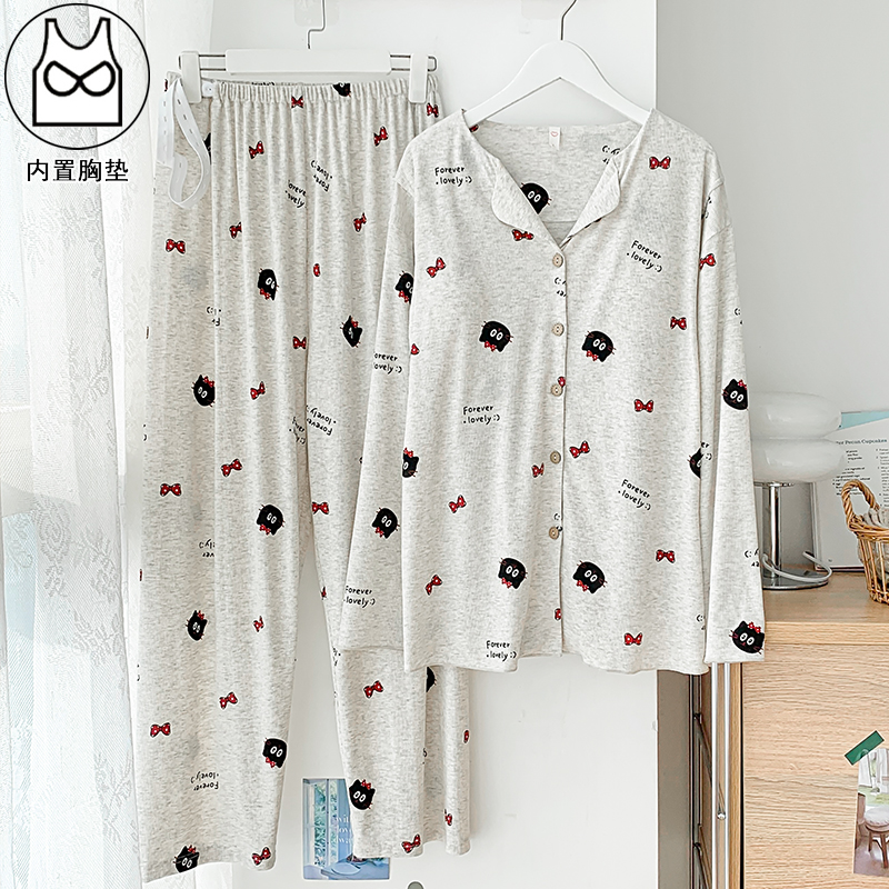 带胸垫棉质卡通猫月子服女孕妇睡衣哺乳服夏季孕期可调节家居服薄