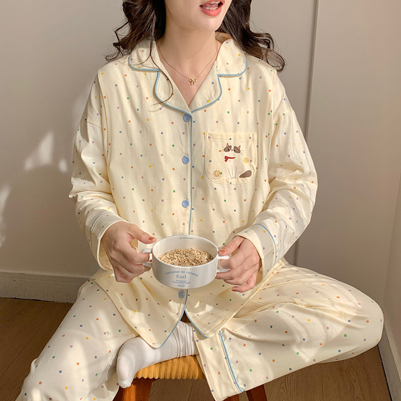 7A抗菌A类纯棉圆点猫咪月子服春秋孕妇睡衣345月份产后哺乳喂奶衣