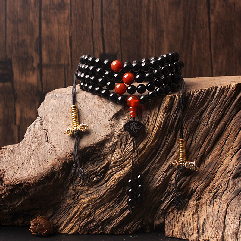 天然黑曜石手串男款佛珠念珠手链女款情侣礼物饰品护身符虎眼石