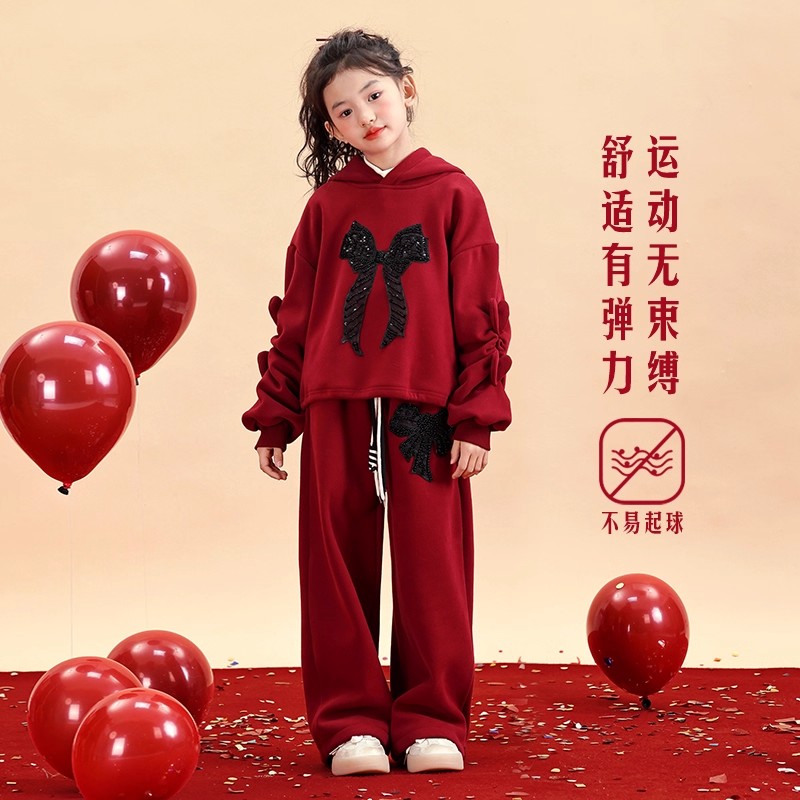 女童新年套装拜年服红色卫衣卫裤
