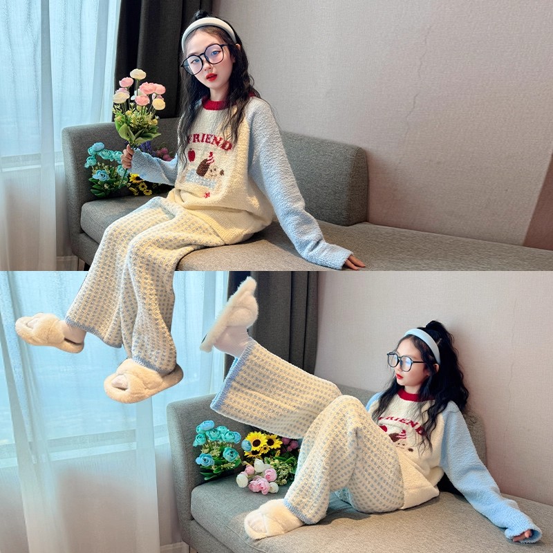 女大童半边绒家居服珊瑚绒套装