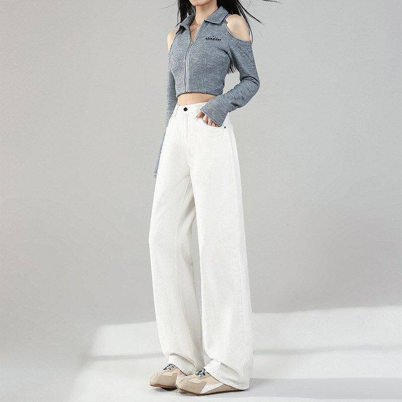 白色阔腿裤牛仔裤女春季2026年新款高腰显瘦垂感拖地女士直筒裤子