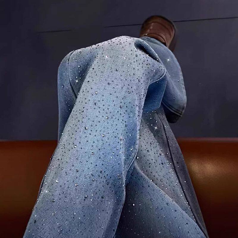 带钻牛仔裤女2026新款直筒裤满天星烫钻爆闪裤亮闪闪的裤子阔腿裤