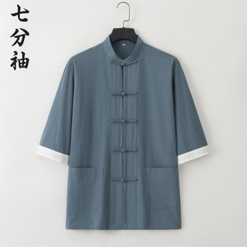 唐装男夏季薄款七分袖棉麻衬衫