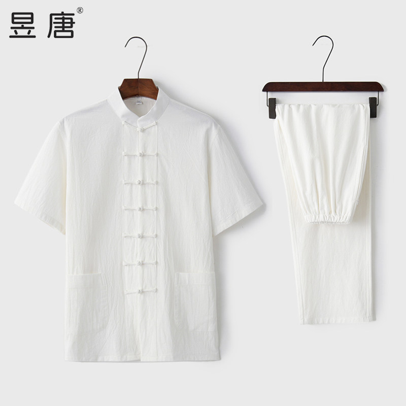 唐装男短袖棉麻中国风新中式套装中老年人夏季男装棉麻茶服爸爸装